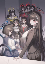  6+girls absurdres animal_ears arm_support bare_shoulders black_choker black_gloves black_hair black_kimono black_serafuku blue_archive blue_eyes blue_halo blue_neckerchief blue_sailor_collar blue_skirt breasts cat_ears cat_tail choker closed_eyes closed_mouth commentary crack cracked_wall cup dog_ears dog_girl fox_ears fox_girl fox_mask frills gloves goggles goggles_on_head habit hair_between_eyes hair_bun hair_intakes hair_ornament hair_over_one_eye hair_stick hairclip halo hasumi_(blue_archive) hibiki_(blue_archive) highres hinata_(blue_archive) holding holding_cup holding_mask holding_phone ichika_(blue_archive) japanese_clothes kikyou_(blue_archive) kimono kokuriko_(blue_archive) large_breasts long_hair long_skirt looking_at_viewer looking_to_the_side mask miniskirt multiple_girls multiple_tails neck_ribbon neckerchief nun oerba_yun_fang off_shoulder open_mouth pantyhose paper parted_bangs pelvic_curtain phone pleated_skirt pom_pom_(cheerleading) purple_eyes raki_kr red_eyes red_halo ribbon ribbon_choker rio_(blue_archive) sailor_collar sash school_uniform serafuku short_hair sitting skirt smile suit table tail thighhighs trait_connection two_tails veil wakamo_(blue_archive) winged_halo yellow_halo 