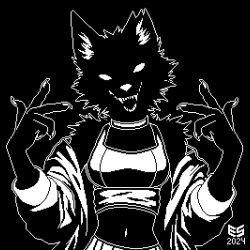  2024 5_fingers anthro arm_tuft bare_shoulders black_background black_body black_fur black_shading bottomwear breasts canid canine canis choker claws clothed clothing crop_top curvy_figure digital_media_(artwork) ezeeshady fangs female finger_claws fingers fur head_tuft inner_ear_fluff jacket jewelry looking_at_viewer mammal midriff monochrome monotone_background navel necklace notched_ear off_shoulder open_mouth outline pants pixel_(artwork) raised_arms shirt shoulder_tuft signature simple_background smile smiling_at_viewer solo teeth topwear tuft white_bottomwear white_choker white_clothing white_eyes white_inner_ear_fluff white_jewelry white_necklace white_nose white_outline white_topwear wolf 