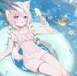  animal_ear_fluff animal_ears bikini blonde_hair blue_eyes blush bow braid breasts cat_ears cat_girl cat_tail chamomile female flower food frilled_bikini frills grey_bow hair_flower hair_ornament hairbow highres holding holding_food holding_ice_cream hoshi_(snacherubi) ice_cream leg_ribbon looking_at_viewer lying medium_breasts navel on_back open_mouth original pool ribbon rubber_duck stomach swim_ring swimsuit tail twin_braids water wet white_bikini white_flower 