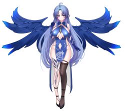  absurdres ahoge bare_arms bare_shoulders black_footwear blue_dress blue_eyes blue_hair blue_wings breasts breasts_apart brown_thighhighs china_dress chinese_clothes closed_mouth clothing_cutout colored_extremities commission dress expressionless feathered_wings female full_body hand_up highres large_breasts long_hair looking_at_viewer navel navel_cutout original panty_straps parted_bangs pelvic_curtain revealing_clothes shoes short_dress simple_background single_thighhigh skindentation sleeveless sleeveless_dress solo spaghetti_strap standing suisen_(suisenhwa) thighhighs thighs underboob_cutout very_long_hair white_background wings 