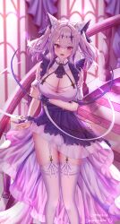  absurdres alternate_costume animal_ears apron arms_under_breasts artist_name azur_lane blush breasts cheshire_(azur_lane) cheshire_(azur_lane)_(cosplay) cleavage commission cosplay detached_sleeves eeyoosekedooaat enmaided fake_animal_ears feet_out_of_frame female garter_straps hair_ornament highres indoors joffre_(azur_lane) lace-trimmed_thighhighs large_breasts long_hair long_ribbon looking_at_viewer maid maid_headdress open_mouth panties pink_theme pixiv_commission puffy_detached_sleeves puffy_sleeves purple_apron red_eyes see-through solo stairs star_(symbol) star_hair_ornament thighhighs underwear white_garter_straps white_panties white_thighhighs 