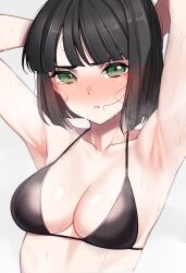  armpits bikini black_bikini black_hair blush bob_cut breasts commentary_request female green_eyes grey_background highres link!_like!_love_live! looking_at_viewer love_live! medium_breasts momose_ginko nasuno_(nasuno42) short_hair simple_background solo sweat swimsuit tears upper_body 