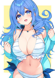  bikini blue_eyes blue_hair blush breasts collarbone commentary_request cu-no female hair_between_eyes hair_ornament hairclip highres hisen_kaede jewelry kohitsuji_ai large_breasts long_hair necklace open_mouth smile solo striped_bikini striped_clothes swimsuit two-tone_background upper_body white_background white_bikini yellow_background 