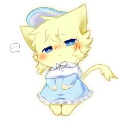  2018 alice_(bayachao) anthro blue_clothing blue_dress blue_eyes blush chibi clothed clothing deaic domestic_cat dress ellipsis felid feline felis female fully_clothed fur kemono makemon mammal simple_background solo white_background yellow_body yellow_fur 