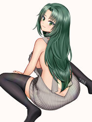  alternate_hair_length alternate_hairstyle artist_name ass backboob backless_outfit bare_arms bare_shoulders black_thighhighs breasts brown_background closed_mouth commentary dolphin_wave feet_out_of_frame female from_behind green_hair grey_sweater halterneck harunami_anri highres large_breasts light_smile long_hair looking_at_viewer looking_back meme_attire no_bra no_shoes parted_bangs ribbed_sweater simple_background sitting sleeveless sleeveless_turtleneck soles solo sweater thighhighs tona1071103 turtleneck virgin_killer_sweater wariza 