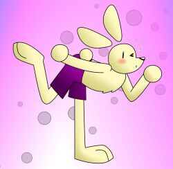  anthro bottomwear bubble chest_tuft clothed clothing floating_ears hi_res jason_burrow jay_jay_the_lucky_rabbit kissy_face lagomorph leporid male mammal on_one_leg purple_bottomwear purple_clothing purple_shorts rabbit raised_leg scut_tail short_tail shorts shorts_only simple_background simple_coloring simple_eyes simple_face solo standing swift_bristle tail topless tuft 