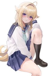  ahoge black_footwear black_socks blonde_hair blue_neckerchief blue_sailor_collar blue_skirt bow breasts closed_mouth commentary_request female hair_between_eyes hair_flaps hair_intakes hand_up highres knee_up koshi_torako loafers long_hair long_sleeves looking_at_viewer medium_breasts neckerchief pleated_skirt puffy_long_sleeves puffy_sleeves purple_eyes sailor_collar school_uniform serafuku shikanoko_nokonoko_koshitantan shirt shoes simple_background sitting skindentation skirt socks solo suou-sensei v-shaped_eyebrows very_long_hair white_background white_shirt 