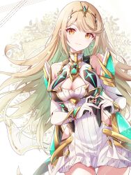  bare_shoulders blonde_hair breasts chest_jewel cleavage dress earrings elbow_gloves female gloves headpiece highres jewelry large_breasts long_hair looking_at_viewer mythra_(xenoblade) swept_bangs tiara ui_frara very_long_hair xenoblade_chronicles_(series) xenoblade_chronicles_2 yellow_eyes 