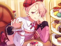  1boy :q against_table aster_(nu_carnival) asymmetrical_bangs asymmetrical_sleeves bent_over beret bishounen cable_knit cake cake_slice cake_stand close-up dessert eyes_visible_through_hair fingernails food food_request hair_over_one_eye hanzou_(naruco174) hat indoors kneeling looking_at_food macaron male_focus nail_polish nu_carnival pointy_ears red_footwear red_nails sharp_fingernails shorts sideways_glance socks solo three_quarter_view tongue tongue_out 