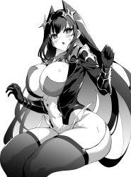  azur_lane azur_lane:_slow_ahead black_garter_straps black_gloves black_hair black_thighhighs blush breasts covered_navel female garter_straps gloves greyscale highres hori_(hori_no_su) huge_breasts long_hair long_sleeves monochrome official_art simple_background sitting solo strasbourg_(azur_lane) sweatdrop thighhighs triangle_mouth very_long_hair white_background 