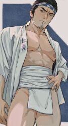  1boy bara bare_pectorals black_hair closed_mouth facial_hair hand_on_own_hip happi highres japanese_clothes kiryu_kazuma large_pectorals looking_at_viewer male_focus muscular muscular_male nipples pectorals ryuu_ga_gotoku_(series) short_hair solo sssida3 