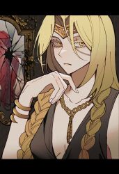  absurdres blonde_hair braid broken_mirror circlet closed_mouth colored_eyelashes commentary_request crack darkestdied elden_ring female frown highres korean_commentary long_hair mirror queen_marika_the_eternal radagon_of_the_golden_order twin_braids white_nails yellow_eyes 