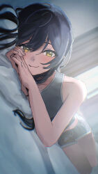  absurdres bare_legs black_hair blush collarbone commentary_request female fingernails grey_shorts grey_tank_top highres idolmaster idolmaster_shiny_colors indoors jewelry long_hair looking_at_viewer lying midriff on_side own_hands_together paddy_field pov ring shirase_sakuya short_shorts shorts sideways smile solo tank_top wedding_ring yellow_eyes 