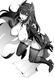  armored_boots azur_lane azur_lane:_slow_ahead black_footwear black_gloves black_thighhighs boots breasts collarbone covered_navel female full_body gloves greyscale high_heels highres hori_(hori_no_su) huge_breasts long_hair long_sleeves monochrome official_art open_mouth simple_background solo strasbourg_(azur_lane) sweat thighhighs very_long_hair white_background 