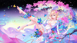  ahoge barefoot blonde_hair blue_flower bracelet branch breasts chinese_commentary cleavage commentary cup dress drinking_glass emilie_(genshin_impact) emilie_(guerlain)_(genshin_impact) ermu_(enmmm) feet female fingernails flower from_side full_body genshin_impact hand_up hat highres jewelry legs_up light_smile long_sleeves looking_at_viewer medium_breasts official_alternate_costume pendant pink_flower red_eyes red_flower semi-rimless_eyewear sitting solo toenails toes white_dress white_flower white_hat wine_glass yellow-framed_eyewear 