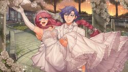  1boy :d arm_up blue_eyes blue_hair bow bowtie braid braided_ponytail breasts bridal_veil bridge carrying carrying_person commentary commission dress eiyuu_densetsu elbow_gloves emma_millstein english_commentary female flower gloves hiomaika in-universe_location large_breasts long_hair low-tied_long_hair pillar purple_eyes purple_hair rean_schwarzer sen_no_kiseki_(series) sen_no_kiseki_iv short_hair smile sparkle suit teeth upper_teeth_only veil wedding wedding_dress white_bow white_bowtie white_dress white_flower white_gloves white_suit 