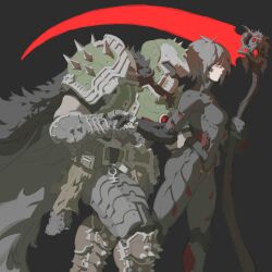  1boy absurdres armor assault_visor cape doom_(series) doomguy female gloves helmet highres holding muscular original pacpoi praetor_suit scythe short_hair spikes weapon 