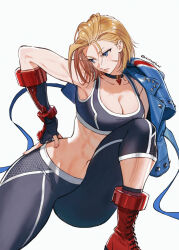  abs ahoge antenna_hair blonde_hair blue_eyes breasts cammy_white crop_top female gloves highres long_hair scar short_hair solo street_fighter street_fighter_6 sumustard 