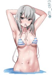  absurdres bikini blue_bikini blush breasts collarbone comb fake_horns female grey_eyes grey_hair hair_ornament highres horned_headwear horns i-201_(kancolle) kantai_collection long_hair looking_at_viewer navel small_breasts smile solo swimsuit tf_cafe water x_hair_ornament 