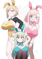  3girls akitokage animal_ears arms_up bare_legs bare_shoulders blonde_hair bow breasts fake_animal_ears green_eyes green_hair green_leotard highres large_breasts leotard looking_at_viewer mole mole_on_breast mole_under_mouth momoka_iori multiple_girls official_art one_eye_closed open_mouth orange_eyes pantyhose pink_hair pink_leotard playboy_bunny rabbit_ears sorako_mozu translation_request white_background wrist_cuffs yellow_leotard yomega_kiss 