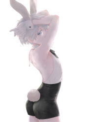  1boy alternate_costume animal_ears arms_behind_head arms_up ass backless_outfit bare_shoulders colored_eyelashes commentary_request crossdressing dated_commentary extra_ears from_side gloves grey_eyes grey_hair hair_between_eyes high-waist_shorts highres juusan_kihei_bouei_ken looking_at_viewer male_focus okino_tsukasa profile rabbit_boy rabbit_ears rabbit_tail saneatsu shiny_clothes short_hair shorts solo tail white_background white_gloves 