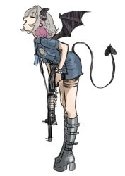  assault_rifle black_footwear blue_shirt blue_skirt boots brown_hair closed_eyes colored_inner_hair demon_horns demon_tail demon_wings female from_side full_body gun hair_intakes head_back high_heel_boots high_heels highres holding holding_gun holding_weapon horns knee_boots koze_niire lanyard leaning_forward leather leather_boots legs_together makaino_ririmu medium_hair miniskirt multicolored_hair nijisanji oerba_yun_fang open_mouth pointy_ears profile purple_hair rifle shirt short_sleeves sidelocks simple_background skirt smile solo standing tail thigh_strap virtual_youtuber weapon white_background wings 