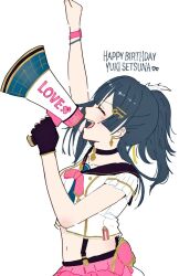  arm_up artistic_error bad_hands black_choker black_gloves black_hair blush character_name choker closed_eyes collarbone commentary_request earrings female fingerless_gloves from_side gloves happy_birthday heart holding holding_megaphone jewelry like_it!_love_it! love_live! love_live!_nijigasaki_high_school_idol_club megaphone open_mouth pink_skirt shirt short_sleeves side_ponytail single_glove skirt solo white_background white_shirt yozora1kawaii yuki_setsuna_(love_live!) 