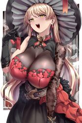  belt black_gloves blonde_hair blush bodystocking breasts dress earrings female gloves hat highres huge_breasts jewelry long_hair looking_at_viewer nijisanji nui_sociere nui_sociere_(8th_costume) open_mouth solo teeth upper_teeth_only very_long_hair virtual_youtuber yaruku yellow_eyes 