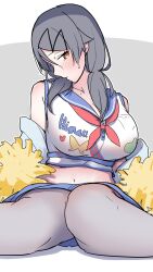  black_hair blue_skirt blush breasts cheerleader closed_mouth commentary_request crop_top feet_out_of_frame female grey_background grey_jacket hair_between_eyes hair_ornament highres holding holding_pom_poms jacket large_breasts looking_at_viewer midriff mole mole_on_neck navel neckerchief nidoto_jidori_okutte_yannai off_shoulder open_clothes open_jacket orange_eyes pantyhose pom_pom_(cheerleading) print_shirt red_neckerchief shirt sitting skirt sleeveless sleeveless_shirt solo sweat taketatetakeya twintails two-tone_background white_background white_shirt 