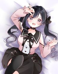  absurdres alternate_hairstyle birthday black_hair black_nails black_skirt black_thighhighs blush breasts commentary earrings female grey_eyes highres jewelry large_breasts long_hair looking_at_viewer love_live! love_live!_nijigasaki_high_school_idol_club lying on_back ririn_(ririn_501) skirt solo thighhighs twintails twitter_username yuki_setsuna_(love_live!) 