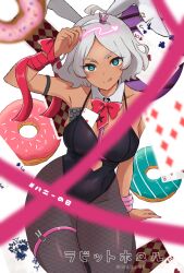  absurdres animal_ears arm_ribbon arm_support arm_up armpits bare_shoulders black_leotard blue_eyes bow bowtie breasts card commentary_request covered_navel dark-skinned_female dark_skin detached_collar doughnut fake_animal_ears female fishnets food gundam gundam_suisei_no_majo highres icing large_breasts leotard licking_lips looking_at_viewer mizuno374 pantyhose playboy_bunny playing_card rabbit_ears rabbit_hole_(vocaloid) red_bow red_ribbon ribbon secelia_dote short_hair solo sprinkles tongue tongue_out translation_request vocaloid white_background white_hair wrist_cuffs 