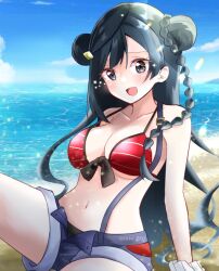  beach bikini birthday black_hair blue_sky braid breasts cleavage cloud cloudy_sky collarbone commentary double_bun female grey_eyes hair_bun looking_at_viewer love_live! love_live!_nijigasaki_high_school_idol_club medium_breasts ocean ririn_(ririn_501) scrunchie shorts side_braid sky solo suspender_shorts suspenders swimsuit twitter_username wrist_scrunchie yuki_setsuna_(love_live!) 