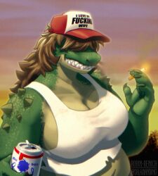  alligator alligatorid anthro belly beverage_can cigarette clothing crocodilian crop_top female green_body green_scales grin hat_over_eyes hi_res holding_cigarette holding_object outside overweight overweight_anthro overweight_female reptile salamanding scales scalie sharp_teeth shirt smile smoke smoke_from_nose smoking smoking_cigarette solo sunset teeth topwear trucker_hat 