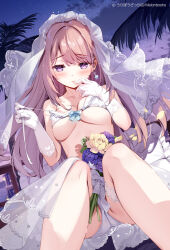  bikini bikini_top_only blue_bow blush bouquet bow breasts bridal_veil brown_hair cloud cloudy_sky commentary earrings feet_out_of_frame female flower furrowed_brow gloves hair_intakes hand_to_own_mouth jewelry knees_together_feet_apart long_hair looking_at_viewer medium_breasts miyase_mahiro night original outdoors palm_tree panties parted_lips purple_eyes purple_flower see-through see-through_skirt shell shell_earrings sitting skirt sky solo swimsuit tree underwear untied_bikini veil watermark white_bikini white_gloves white_panties white_skirt yellow_flower 