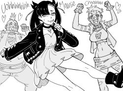  1boy 2girls absurdres bb_(baalbuddy) black_hair black_jacket character_name emoji english_text greyscale highres jacket long_hair marnie_(pokemon) meme monochrome multiple_girls navel open_mouth pokemon pokemon_swsh team_yell team_yell_grunt uohhhhhhhhh!_(meme) 