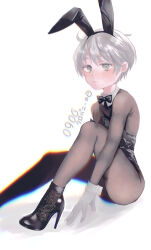  1boy alternate_costume animal_ears ankle_boots bare_shoulders black_leotard blush boots chromatic_aberration closed_mouth colored_eyelashes commentary_request crossdressing dated_commentary detached_collar fake_animal_ears gloves grey_eyes grey_hair hair_between_eyes high_heels highleg highleg_leotard highres juusan_kihei_bouei_ken knee_up leotard looking_at_viewer male_focus male_playboy_bunny okino_tsukasa playboy_bunny rabbit_ears saneatsu shiny_clothes short_hair sitting solo white_background white_gloves 