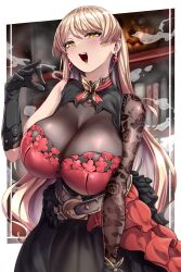  belt black_gloves blonde_hair blush bodystocking breasts dress earrings female gloves highres huge_breasts jewelry long_hair looking_at_viewer nijisanji nui_sociere nui_sociere_(8th_costume) open_mouth solo teeth upper_teeth_only very_long_hair virtual_youtuber yaruku yellow_eyes 