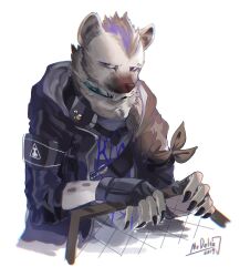  2019 5_fingers anthro arknights black_hair blue_hair clothed clothing ear_piercing english_text eyebrow_piercing facial_piercing fingers fur grey_body grey_fur hair hi_res hyena hypergryph jacket male mammal mrtriangle751 multicolored_body multicolored_fur multicolored_hair piercing riot_shield shirt simple_background solo spot_(arknights) spotted_hyena studio_montagne t-shirt tail text topwear two_tone_body two_tone_fur 