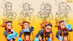  ^^^ angry armor bandana blush breasts commentary concept_art crop_top cryamore cryamore_condenser detached_sleeves english_commentary esmyrelda_maximus expressions facepalm female freckles gloves goggles goggles_on_head highres long_hair md5_mismatch medium_breasts midriff multiple_views navel official_art orange_eyes orange_hair pauldrons resolution_mismatch robaato shoulder_armor sidelocks source_smaller spiked_hair suspenders sweatdrop white_gloves 