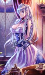  apron azur_lane belfast_(azur_lane) blue_eyes blush braid breasts chains choker cleavage collar collarbone commentary_request corset cup curtains dress elbow_gloves expressionless female french_braid frilled_gloves frills full_moon garter_straps gauntlets gloves gore_(white_gore) grey_hair hair_between_eyes head_tilt heart highres large_breasts light_particles long_hair looking_at_viewer maid maid_headdress moon night own_hands_together partial_commentary saucer sidelocks sleeveless sleeveless_dress solo star_(symbol) steam table tea teacup teapot thighhighs underbust white_gloves white_thighhighs window 