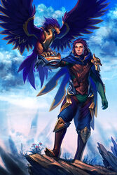  2:3 accipitrid accipitriform ambiguous_gender anthro armor avian bird blue_body blue_feathers clothed clothing cloud duo eagle feathered_wings feathers feet feral flower hair hi_res human league_of_legends looking_at_viewer male mammal mountain outside plant pose purple_hair quinn_(lol) riot_games rule_63 scar sky solthrys talons tencent toes valor_(lol) wings yellow_eyes 