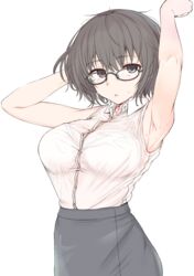  armpits arms_up bad_id bad_pixiv_id black_eyes black_hair blush bra breasts commentary_request female glasses highres large_breasts looking_at_viewer makabe_gorou messy_hair mole mole_under_eye open_mouth original pencil_skirt see-through shirt short_hair skirt sleeveless sleeveless_shirt solo sweat underwear white_bra 