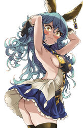  animal_ears armpits arms_behind_head arms_up ass backless_outfit bad_id bad_pixiv_id bare_back black_gloves blue_hair blue_skirt blush breasts commentary_request earrings embarrassed erune female ferry_(granblue_fantasy) frills gloves gradient_hair granblue_fantasy jewelry long_hair looking_at_viewer looking_back medium_breasts multicolored_hair no_panties photoshop_(medium) rabbit_ears sideboob simple_background single_earring skirt solo thighhighs wavy_hair white_background yellow_eyes yuu_(kfc) 