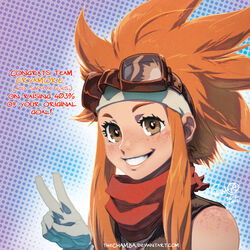  brown_eyes chamba cryamore dated esmyrelda_maximus female freckles gloves goggles goggles_on_head grin headband long_hair orange_hair polka_dot polka_dot_background scarf sidelocks signature smile solo spiked_hair text_focus upper_body v white_gloves 