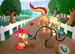  2015 amber_eyes apple_bloom_(mlp) applejack_(mlp) bethesda_game_studios blonde_hair chaurus chaurus_eggs clothing cowboy_hat crossover cutie_mark detailed_background duo earth_pony egg equid equine female fence feral friendship_is_magic green_eyes green_tongue hair hasbro hat headgear headwear heart_symbol hi_res horse kissing long_hair long_tongue mammal microsoft multi_tongue my_little_pony outside path plant pony red_hair sibling_(lore) sister_(lore) sisters_(lore) sitting skyrim tatzlpony tatzlwurm tentacle tentacle_tongue the_elder_scrolls thediscorded tongue tree 