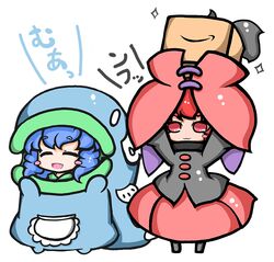  2girls :3 ^_^ alternate_costume amazon_(company) animal_costume blue_hair blush_stickers cape closed_eyes commentary_request costume drill_hair edowan long_sleeves mermaid monster_girl multiple_girls open_mouth red_eyes red_hair sekibanki short_hair smile touhou wakasagihime 