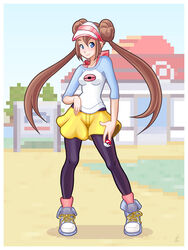  black_pantyhose blue_eyes brown_hair commentary_request double_bun female hair_bun holding holding_poke_ball long_hair louis_lloyd-judson pantyhose pixelated poke_ball pokemon pokemon_bw2 raglan_sleeves rosa_(pokemon) shoes shorts smile sneakers socks socks_over_pantyhose solo twintails visor_cap yellow_shorts 