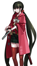  absurdres black_hair blunt_bangs bow bowtie bracelet cape collar commentary_request danganronpa_(series) danganronpa_v3:_killing_harmony feet_out_of_frame female grey_bow grey_bowtie gun hair_ornament harukawa_maki highres holding holding_gun holding_weapon hood hood_down jewelry katana knife long_hair looking_down miniskirt nanaya777 photoshop_(medium) pleated_skirt red_cape red_shirt red_thighhighs sheath sheathed shirt simple_background skirt solo standing sword thighhighs twintails very_long_hair weapon white_background zettai_ryouiki 