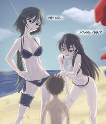  1boy 2girls age_difference akira_ferrari aria_(manga) back bad_anatomy beach bikini black_hair blue_sky breasts bridal_garter brown_eyes cloud commentary_request crossover day earrings english_text hand_on_another&#039;s_head hand_on_own_hip highres infinite_stratos jewelry jiffic long_hair medium_breasts multiple_girls navel ocean onee-shota orimura_chifuyu outdoors pale_skin pedophile ponytail red_eyes side-tie_bikini_bottom sky straight swimsuit tankini 