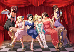  annie_leonhardt black_eyes black_hair blonde_hair blue_eyes brown_eyes brown_hair christa_renz dress drink elbow_gloves garter glasses gloves hanji_zoe mikasa_ackerman necklace null_(chronix) ponytail sasha_browse shingeki_no_kyojin short_hair ymir_(shingeki_no_kyojin) 